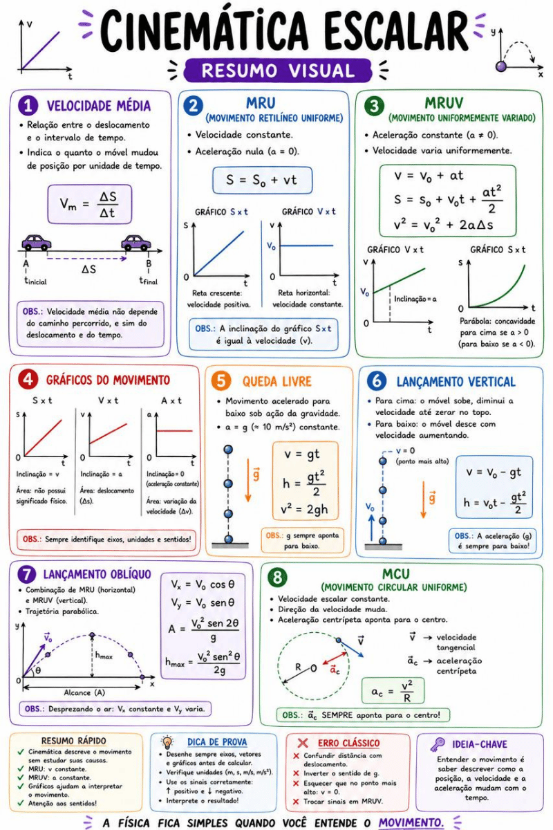 Resumo visual de Cinemática Escalar
